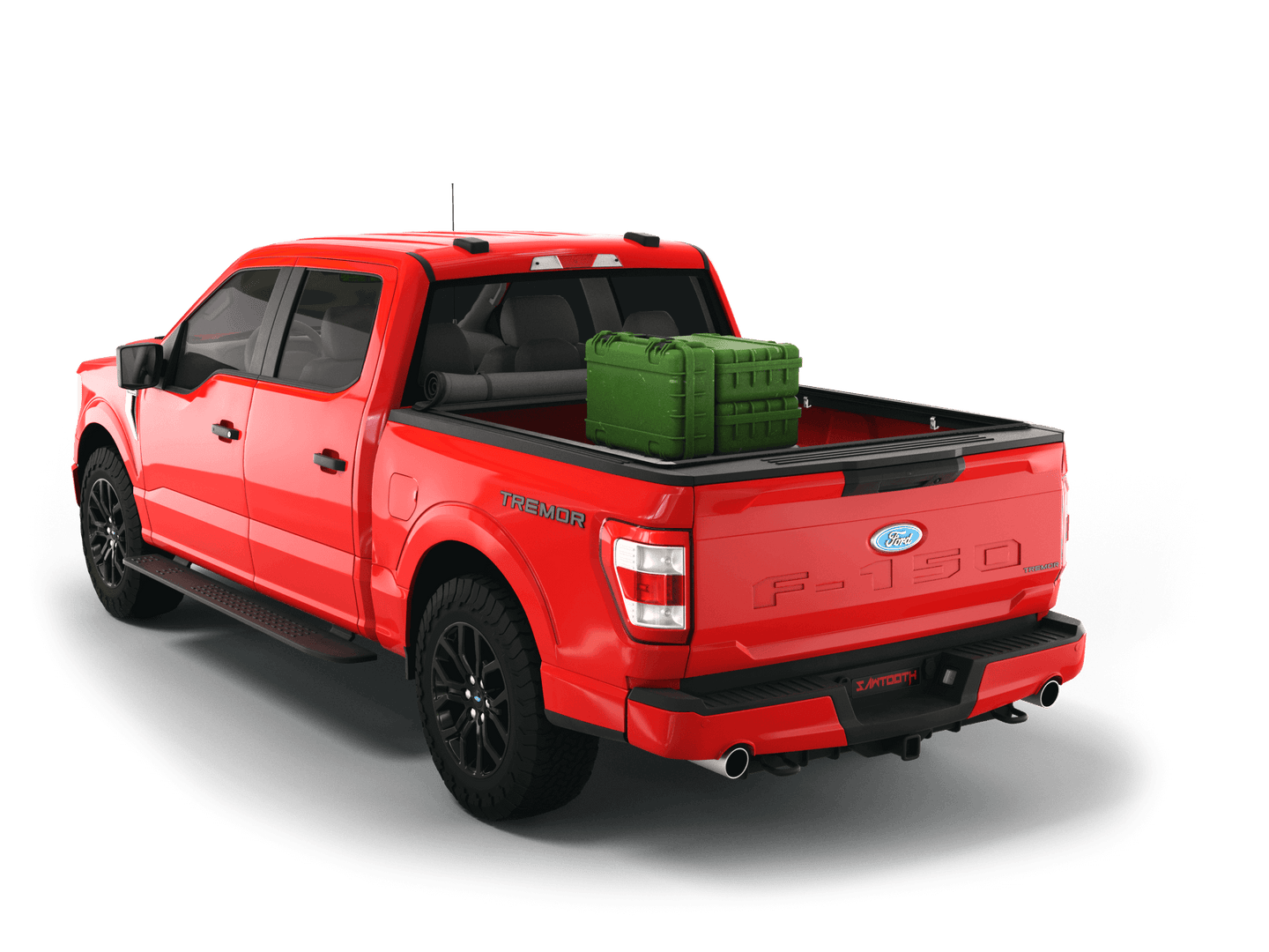 Red Ford F-250 / Ford F-350 with gear in the truck bed and the Sawtooth Stretch tonneau cover rolled up at cab 